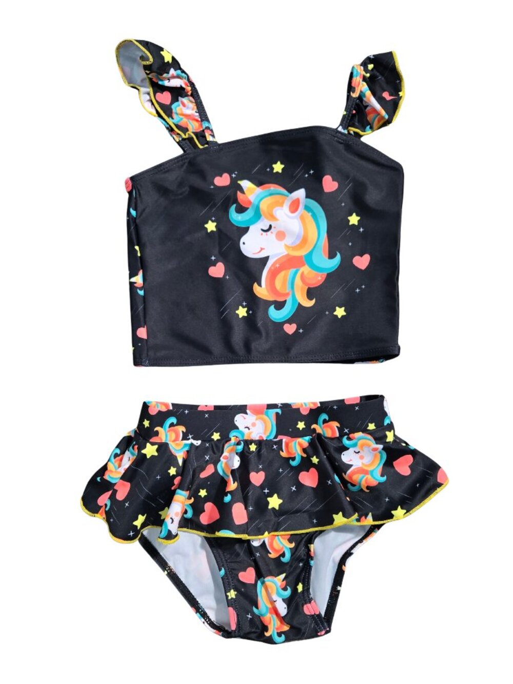 NWOT | Black Unicorn & Heart Print Ruffle Strap Tankini & Skirted Bottom Set 3/4